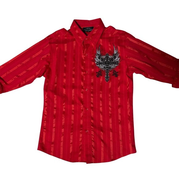 Jaguarrs affliction style short sleeve red button up shirt men’s medium - Picture 3 of 8